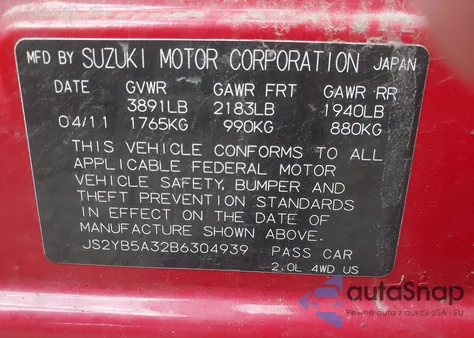 2011 Suzuki Sx4 Premium/Tech Valu Pkg (Nav) z USA, uszkodzony, nr VIN JS2YB5A32B6304939